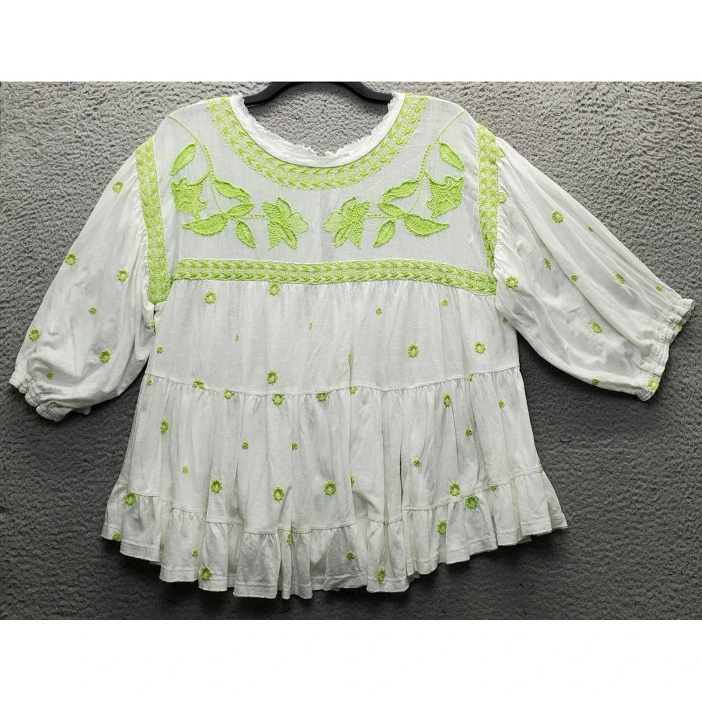 Free People Blouse Top Womens Large Multi Embroidered Floral Linen Boho Tiered